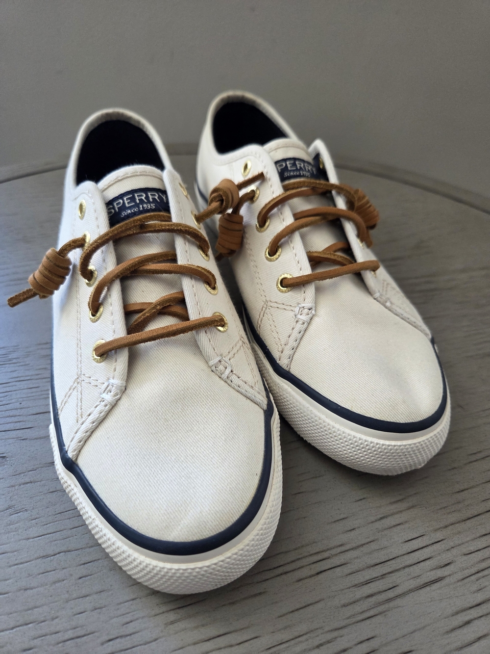 Sperry‎ Seacoast Ivory Canvas Sneakers with Tan Barrel-tied Laces